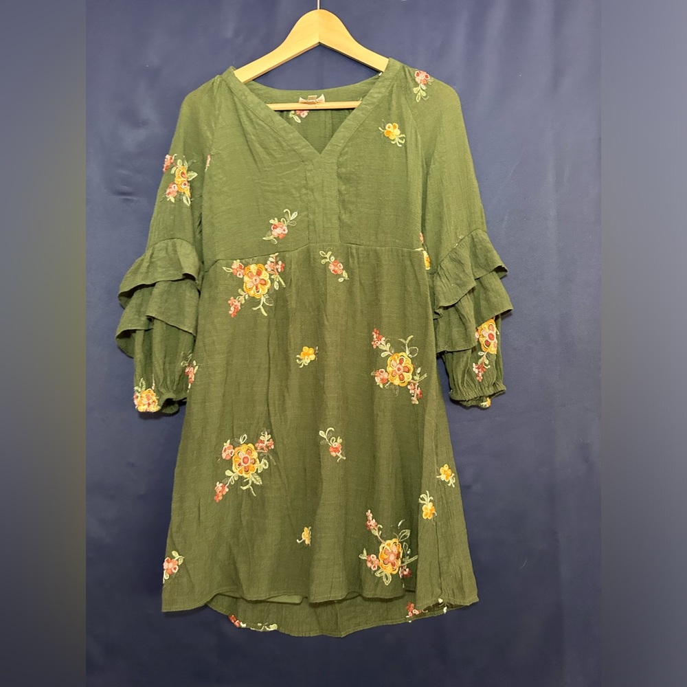 Anthropologie Fig Flower Gauze Dress Embroidered 3/4 Sleeve Sz PM